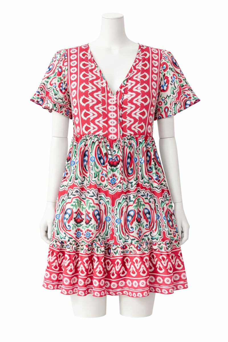 Susan | Boho Print V-Neck Flowy Dress