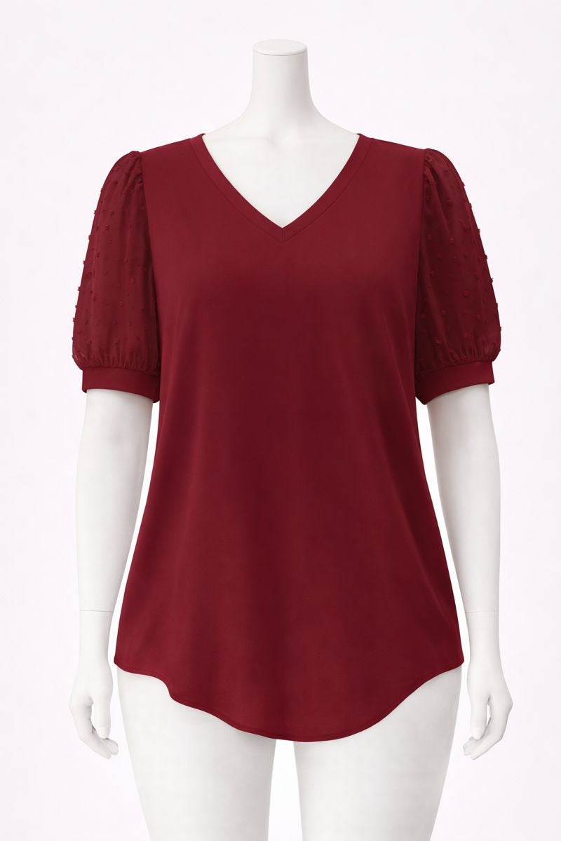 V-Neck Puff Sleeve Mesh Blouse