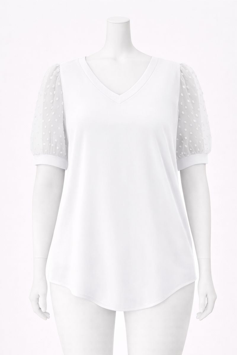 V-Neck Puff Sleeve Mesh Blouse