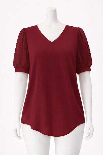 V-Neck Puff Sleeve Mesh Blouse