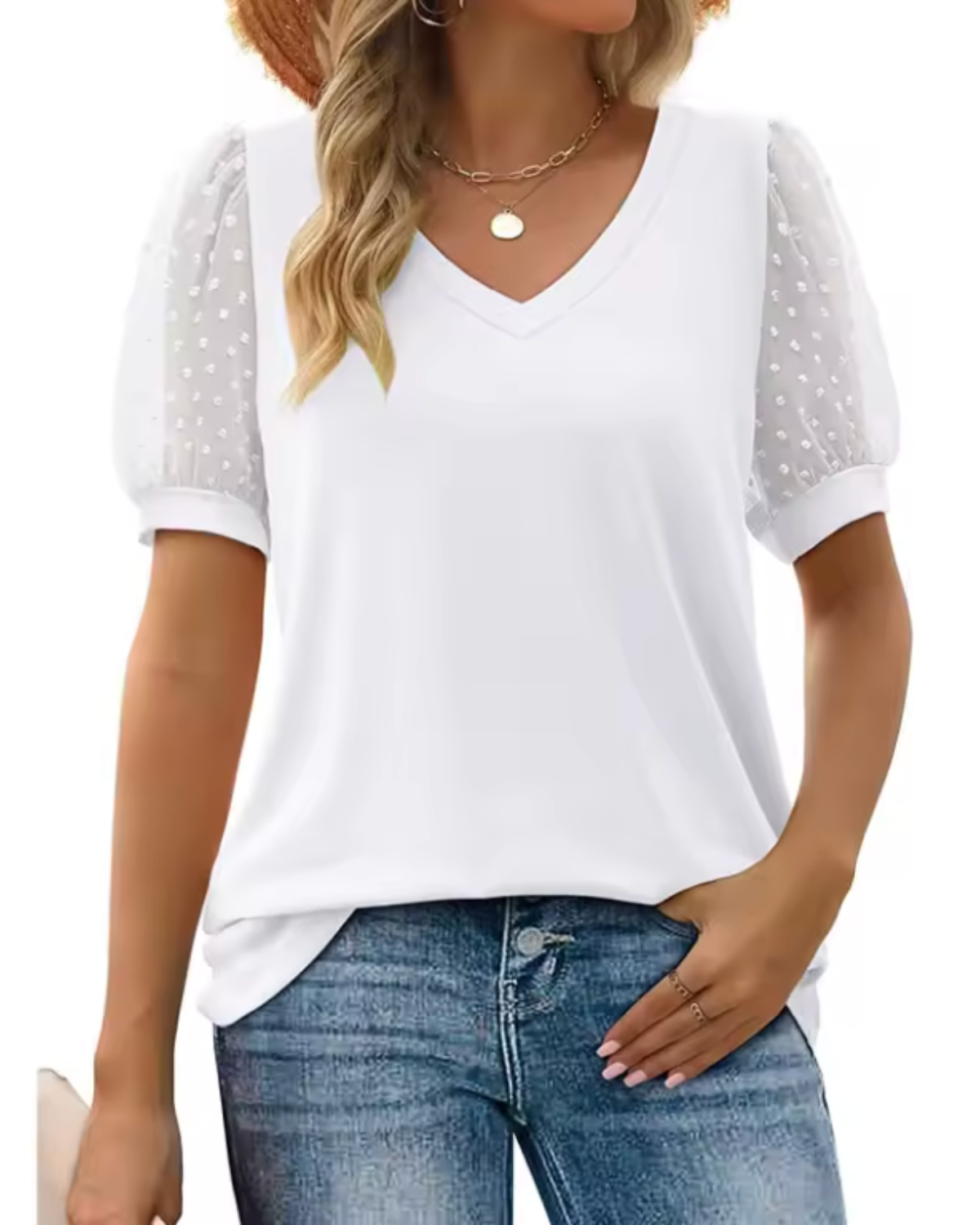 V-Neck Puff Sleeve Mesh Blouse