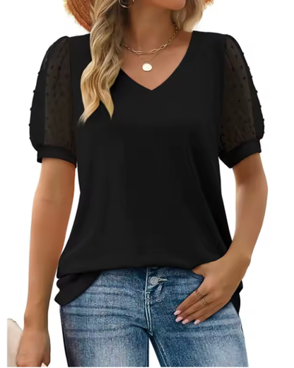 V-Neck Puff Sleeve Mesh Blouse
