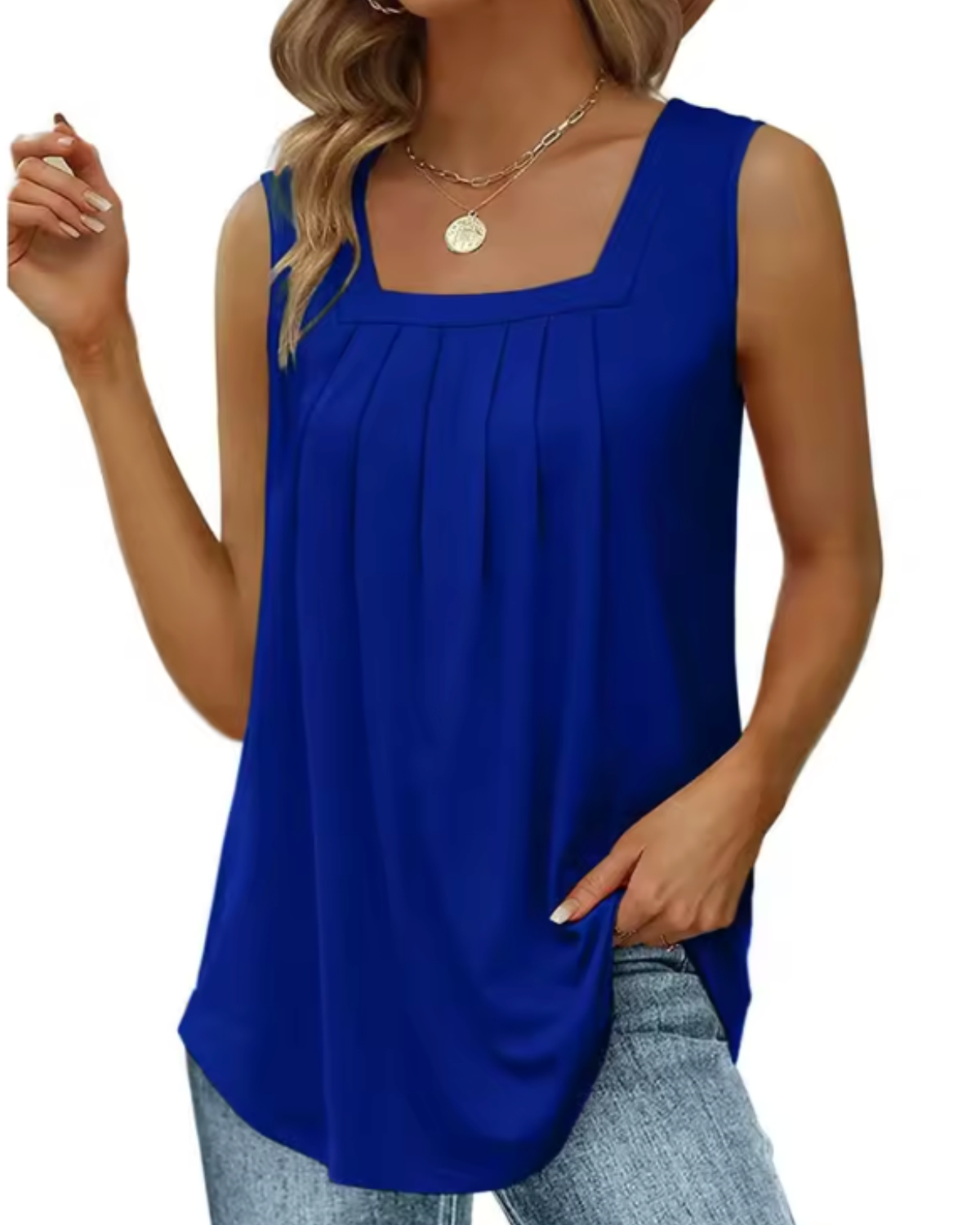 Pleated Square Neck Sleeveless Top