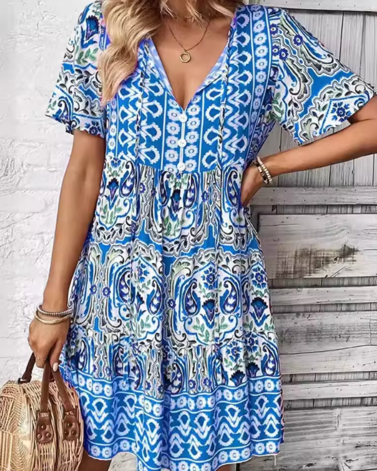 Susan | Boho Print V-Neck Flowy Dress