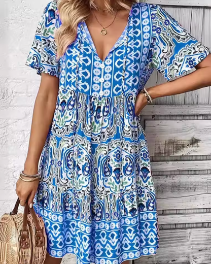 Susan | Boho Print V-Neck Flowy Dress