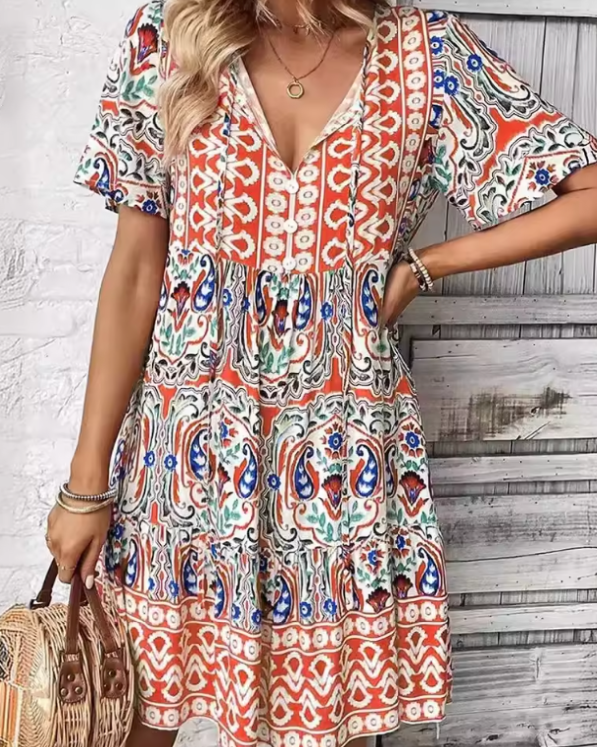 Susan | Boho Print V-Neck Flowy Dress