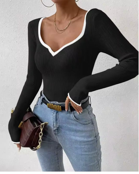 Ribbed Contrast Trim Long-Sleeve Top