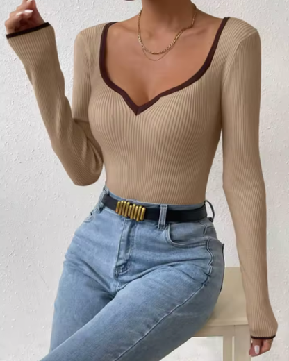 Ribbed Contrast Trim Long-Sleeve Top