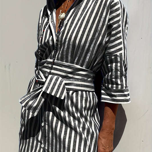 Christine | Striped Print & Button Closure with Belt