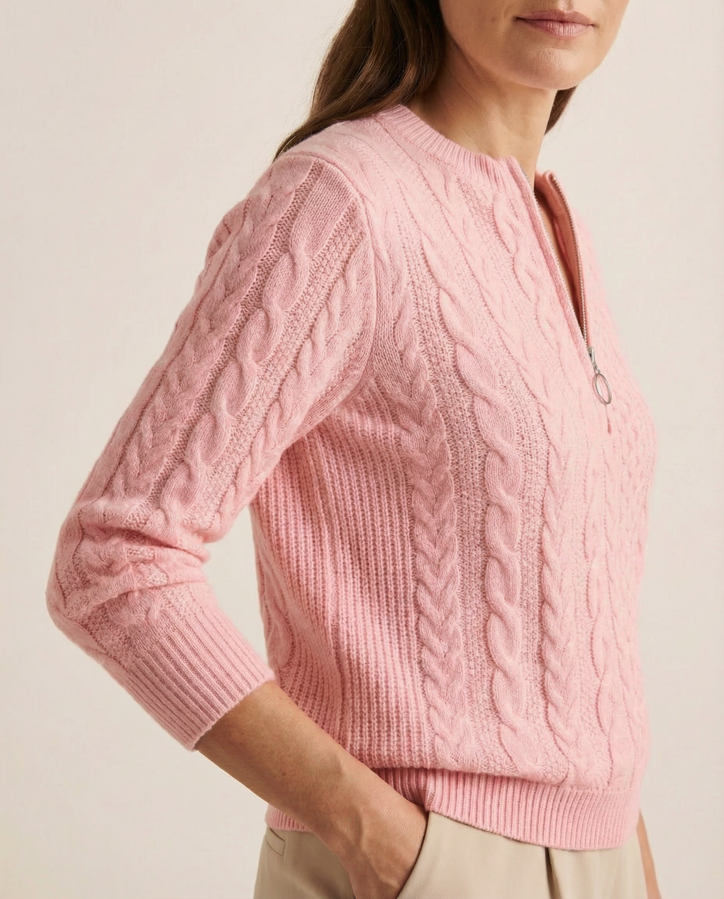 Cable-Knit Front Zip Sweater